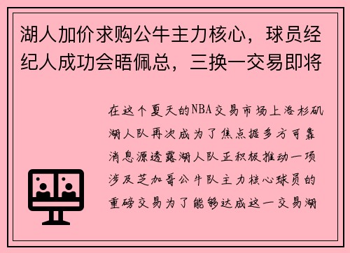 湖人加价求购公牛主力核心，球员经纪人成功会晤佩总，三换一交易即将敲定